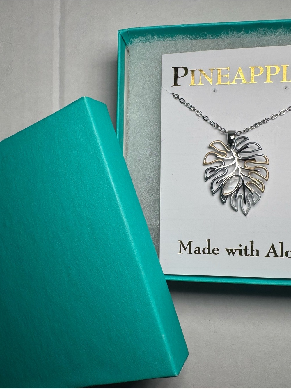 Silver and Gold Hawaiian Leaf Pendant Necklace and Earrings Set - Picture 2 of 7